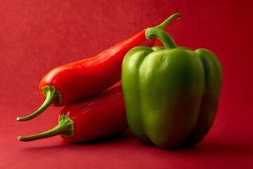 Red chili peppers and green bell pepper still life food photography image