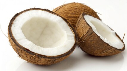 A whole coconut and two halves of a coconut isolated on white background