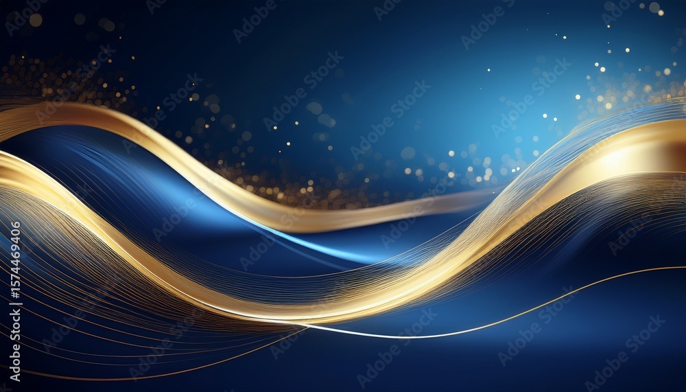 Aufkleber elegant abstract blue background with smooth curves golden wave lines and soft glowing bokeh lights