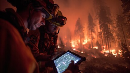 AI in disaster response with real-time AI in disaster response mapping and AI in disaster response for emergency rescue coordination Firefighters monitor wildfire from a digital device.