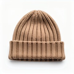Neutral hued knitted winter headwear displaying fine ribbing details on white background