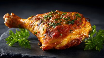 Delicious roasted chicken leg recipe with herbs and spices on black slate plate