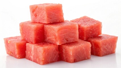 Fresh watermelon cubes stacked on a white background