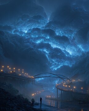 AI in disaster response with real-time AI in disaster response mapping and AI in disaster response for emergency rescue coordination Mysterious nightscape with glowing clouds.