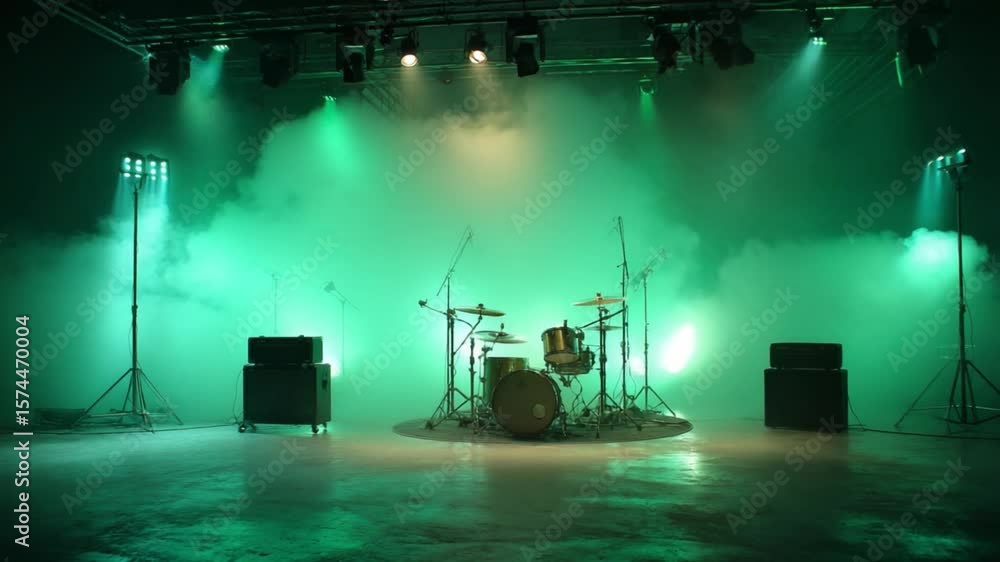 Poster empty stage with lighting and fog: a captivating shot showcasing a stage bathed in an atmospheric gl
