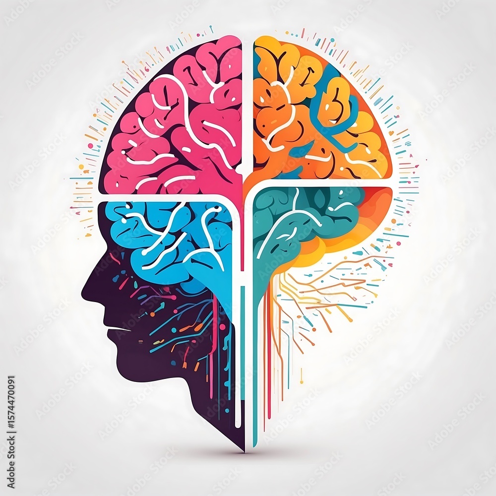 Poster vector art brain split into left (binary) and right (colorful syntax), minimalist, white backdrop.