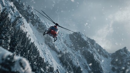 AI in disaster response with real-time AI in disaster response mapping and AI in disaster response for emergency rescue coordination Rescue helicopter flying over snowy mountains.