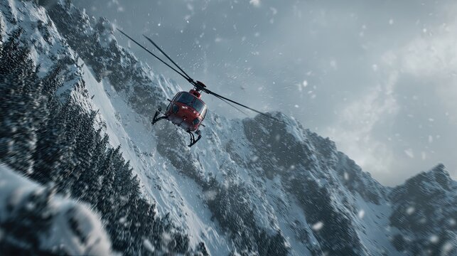 AI in disaster response with real-time AI in disaster response mapping and AI in disaster response for emergency rescue coordination Rescue helicopter flying over snowy mountains.