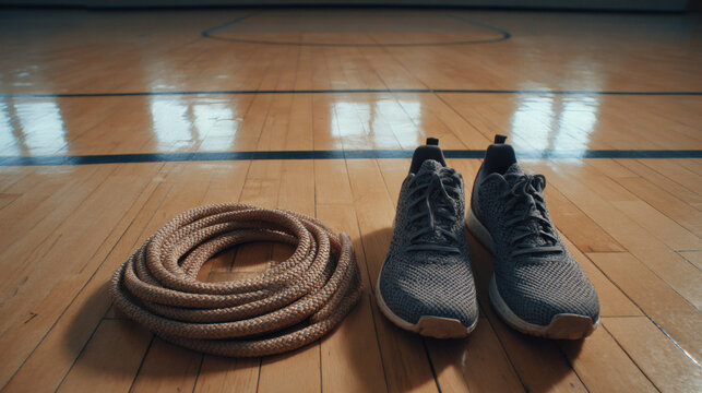 A jump rope and running shoes sit on a wooden basketball court, ready for a workout session. - Powered by Adobe