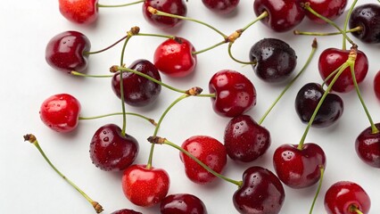 Fresh cherries scattered on a white background