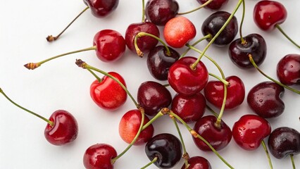 A pile of fresh red cherries scattered on a white background