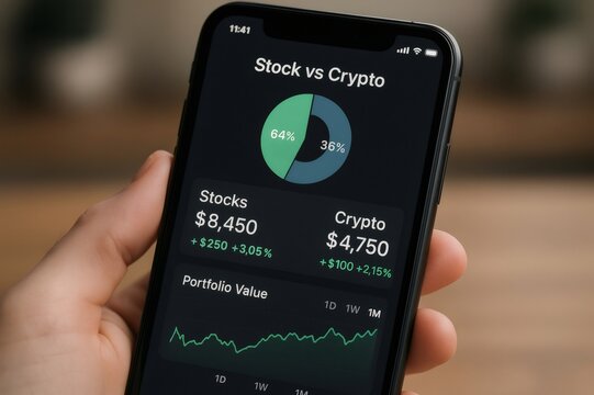 Hand holding smartphone displaying investment portfolio with stocks and cryptocurrency allocation, value, and performance charts
