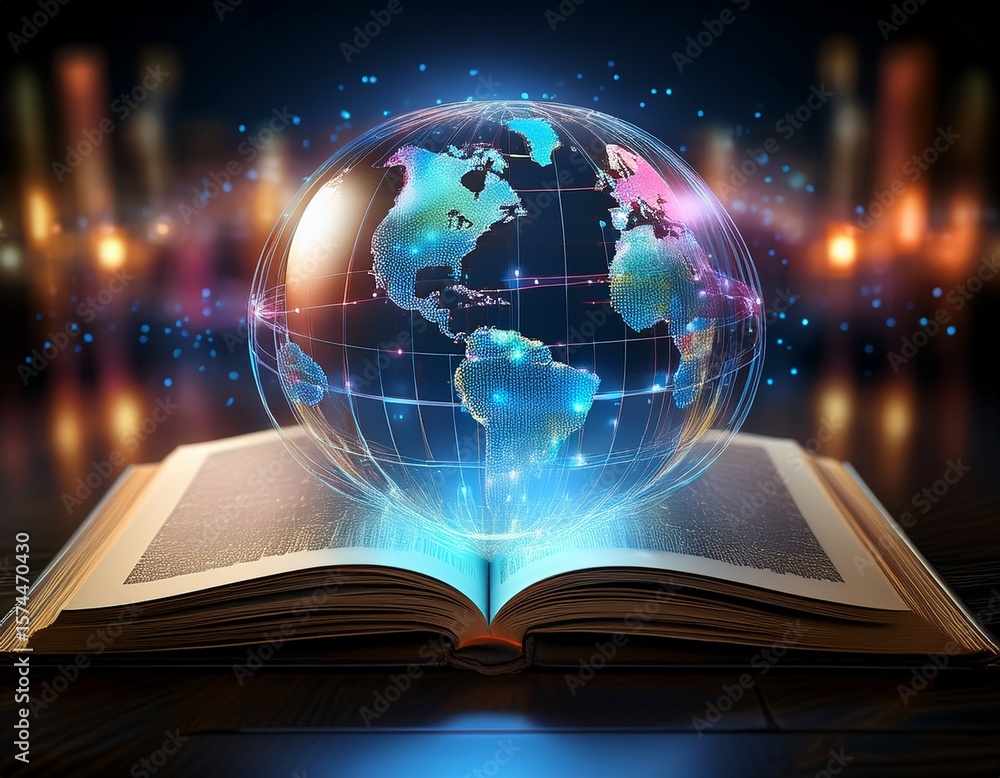 Poster futuristic holographic globe emerging from an open book with digital data visualization