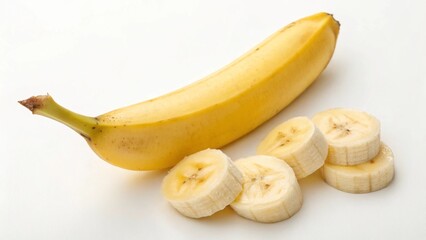 A ripe yellow banana with several slices on a white background