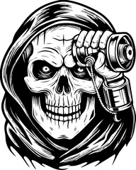 Fototapeta premium SVG of a graffiti-style skull head with bold urban flair. Grim Reaper Holding Vintage Telephone in Dark Illustration