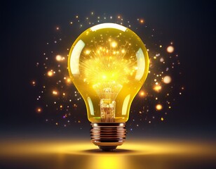 bright idea 3d render of a yellow lightbulb sparkling with innovation
