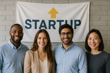 Group of diverse entrepreneurs smiling in front of a startup banner, showcasing teamwork and innovation in a modern business setting