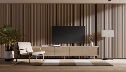 modern minimalist style bedroom decorated with wood slat wall and tv cabinet armchair and floor lamp 3d rendering