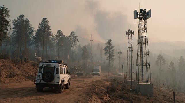 AI in disaster response with real-time AI in disaster response mapping and AI in disaster response for emergency rescue coordination Rescue vehicles navigate wildfire smoke.