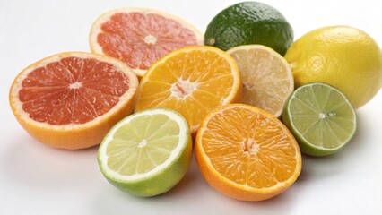 A vibrant assortment of citrus fruit slices isolated on white background