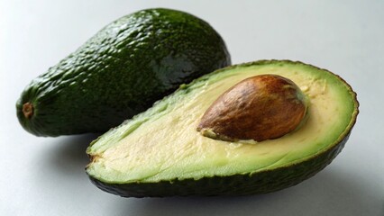 A whole avocado and a halved avocado showing its seed