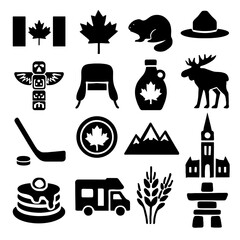 Canada themed icons: Flag, maple leaf, beaver, hat, totem, cap, syrup, moose, hockey, mountains, church, pancakes, RV, wheat, inukshuk