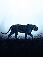 A tiger walks through tall grass in a mystical forest