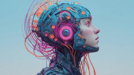Imaginative digital art of young figure with mechanical elements orbiting

