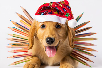 A happy puppy wearing a santa hat surrounded by pencils