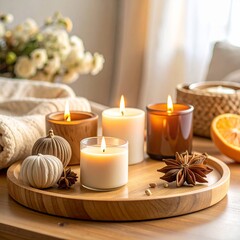 spa still life with candle, self-care concept, lit candles on a wooden tray
