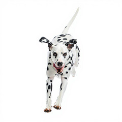 Dalmatian dog running with tongue out isolated on white background