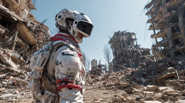 AI in disaster response with real-time AI in disaster response mapping and AI in disaster response for emergency rescue coordination Astronaut exploring a post-apocalyptic landscape.