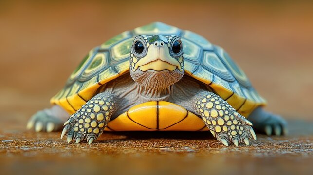 Adorable baby turtle, close-up view, vibrant colors, and detailed patterns