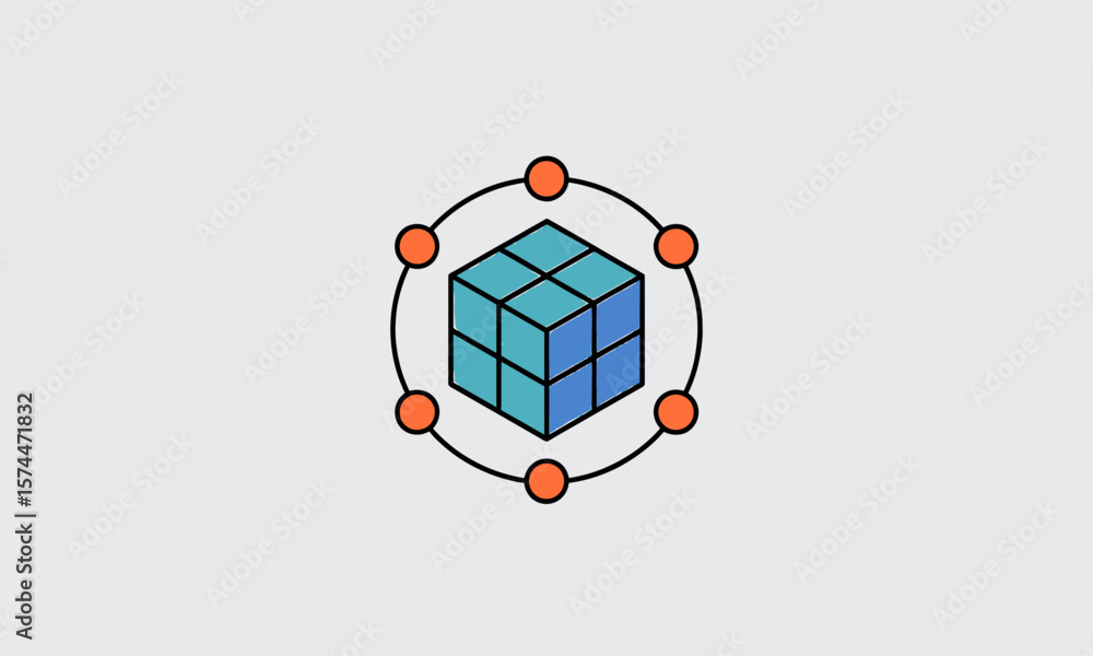 Poster isometric cube networked with orange nodes