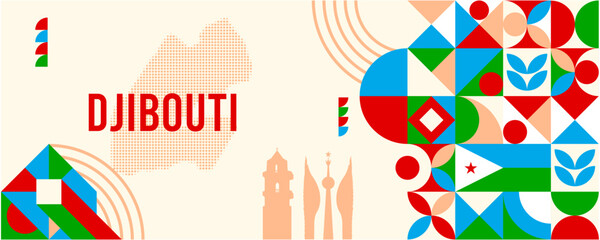 Colorful Geometric Djibouti Banner with Cultural Symbols and Flag Elements