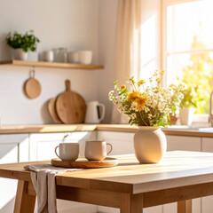 morning minimalist kitchen, warm sunlight coming through the window., modern kitchen interior