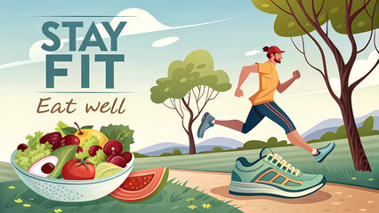 Healthy lifestyle tips for fitness and nutrition with running and healthy food for wellness motivation