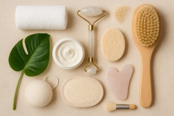 Natural spa essentials arranged on beige background creating relaxing atmosphere for beauty treatment