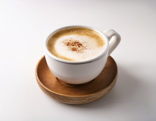 a cup of hot cappuccino coffee on white table