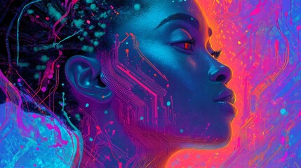 Futuristic surreal portrait of young woman in neon dreamscape

