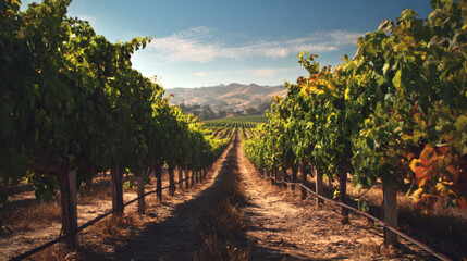 Naklejka premium The sun casts long shadows across a picturesque vineyard, a perfect summer scene.
