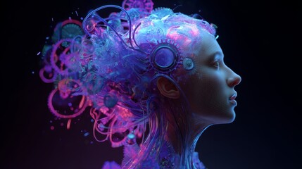 Surreal 3D conceptual art of woman merging with AI

