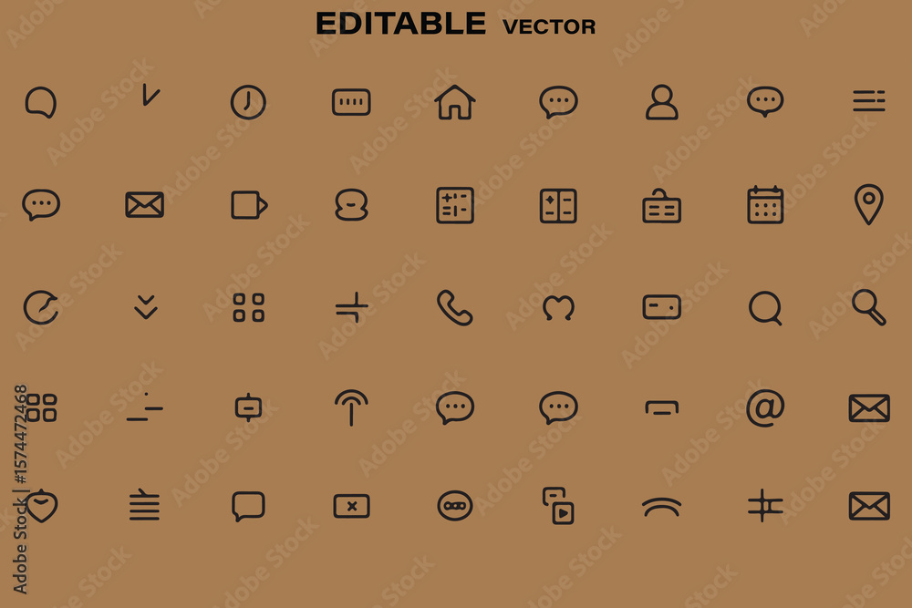 Poster collection of thin line icons representing communication navigation and user interface elements on a