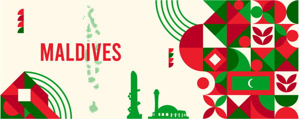 Colorful Geometric Maldives Banner with Cultural Symbols and Flag Elements