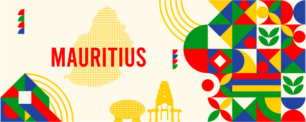 Colorful Geometric Mauritius Banner with Cultural Symbols and Flag Elements