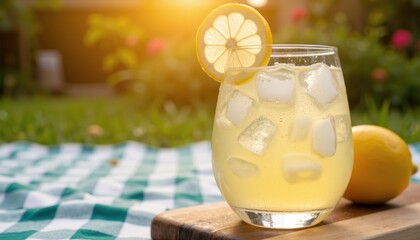 Labor day celebration picnic. Refreshing Lemonade with Ice Cubes and Lemon Slice in Sunlit Outdoor Setting