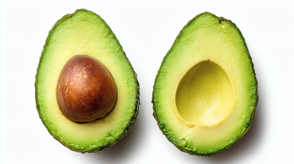 Perfectly ripe avocado halves, one with the pit, on a clean white surface.