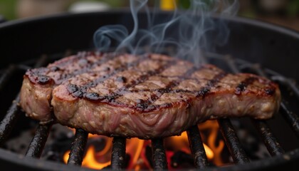 Labor day celebration picnic. Grilled Steak with Smoke and Flames on a Barbecue Grill during a Summer Cookout