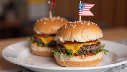 Labor day celebration picnic. Delicious cheeseburgers on a plate with lettuce, tomato, and flags representing country and state pride