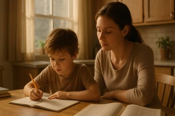 Fototapeta premium Mother assisting her son with homework, providing guidance and support in a warm and comfortable kitchen setting